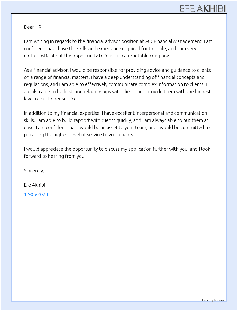 financial advisor At MD Financial Management Cover Letter