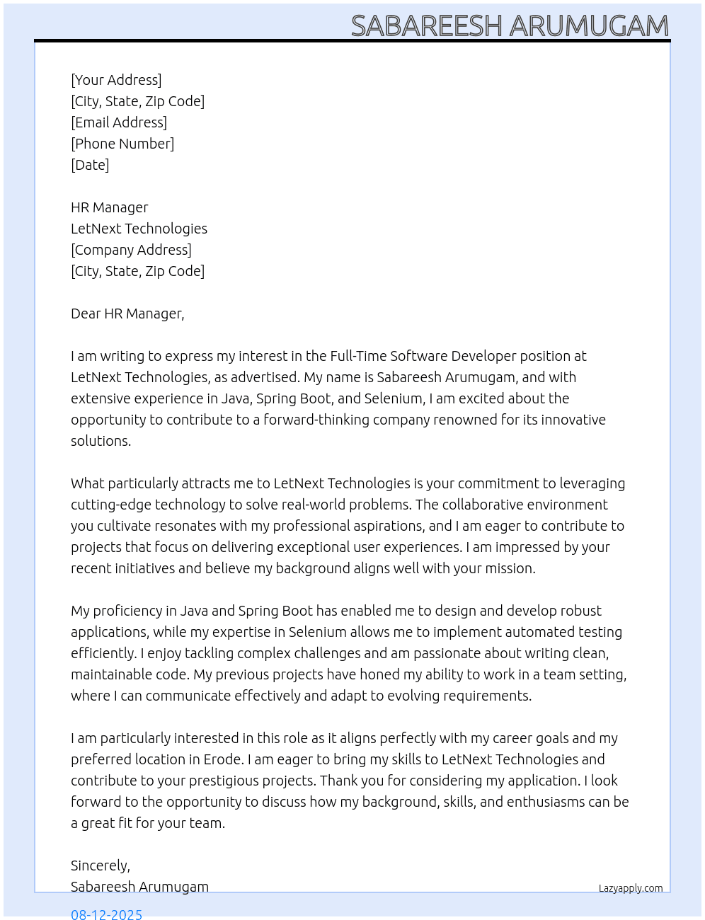 SOFTWARE developer At LETNEXT TECHNOLOGIES Cover Letter