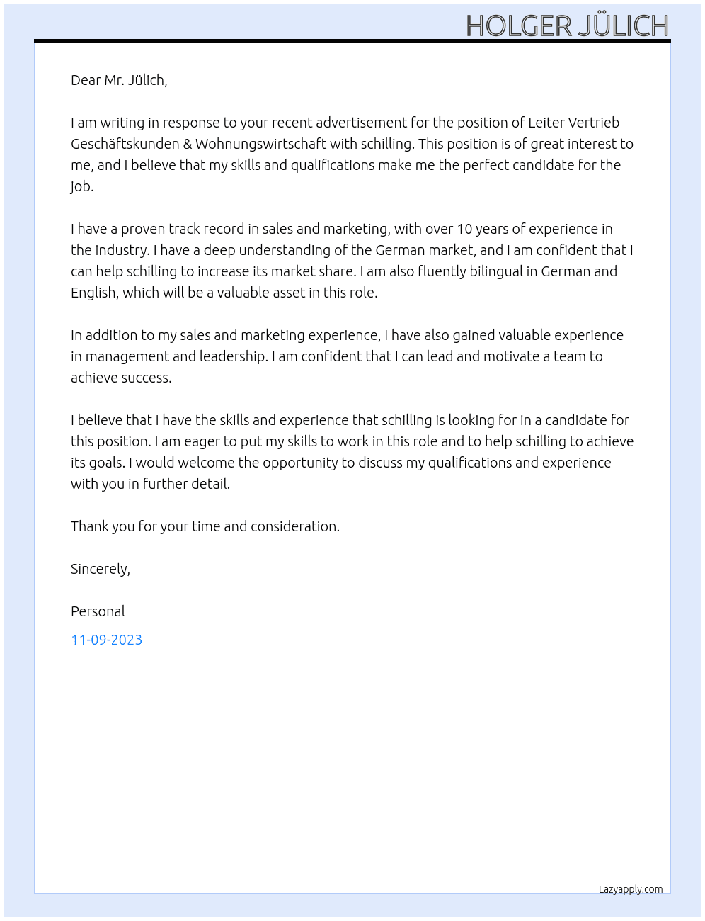 Leiter Vertrieb Geschäftskunden & Wohnungswirtschaft At schilling Cover Letter