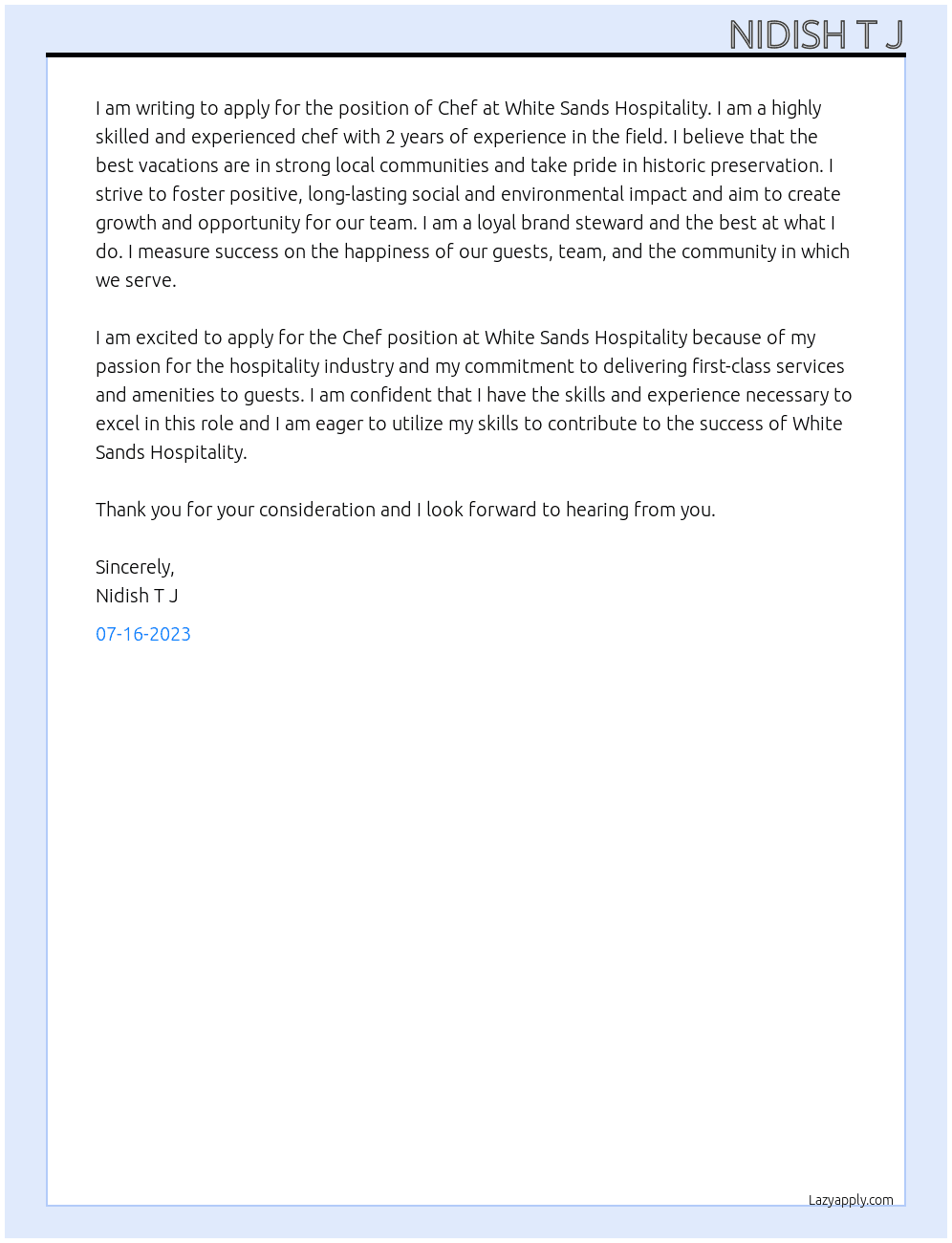 Chef At White sands hospitality  Cover Letter
