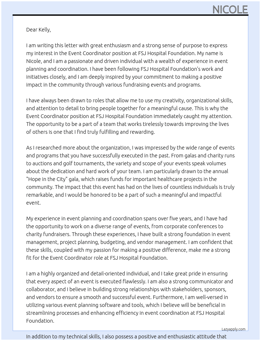 event coorinator At FSJ Hospital Foundation Cover Letter