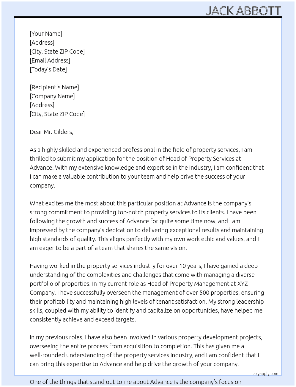 head of property services At Advance Cover Letter