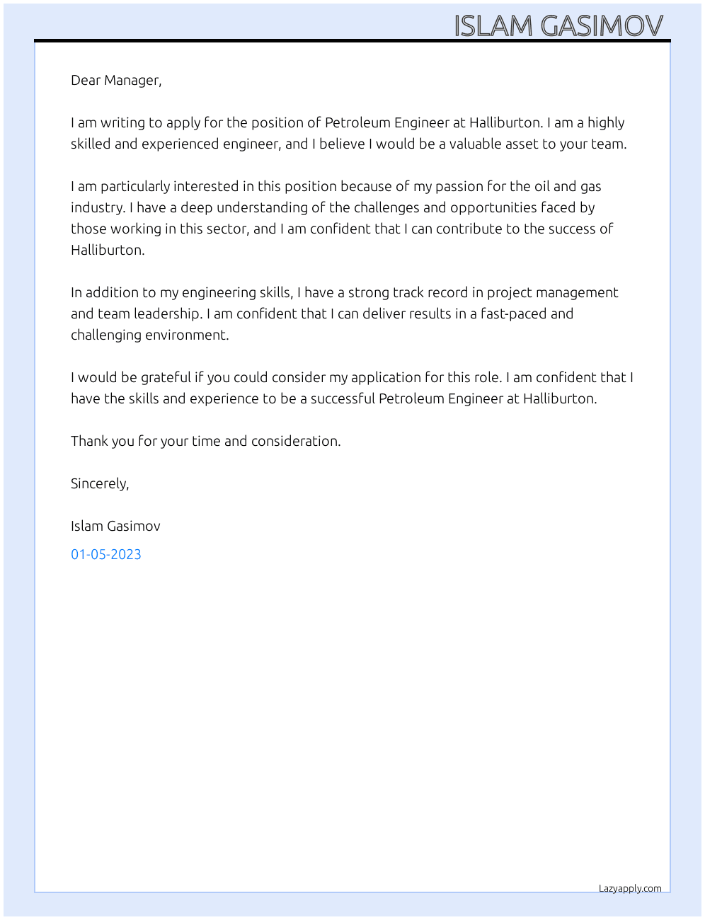 Petroleum Engineer  At Halliburton  Cover Letter