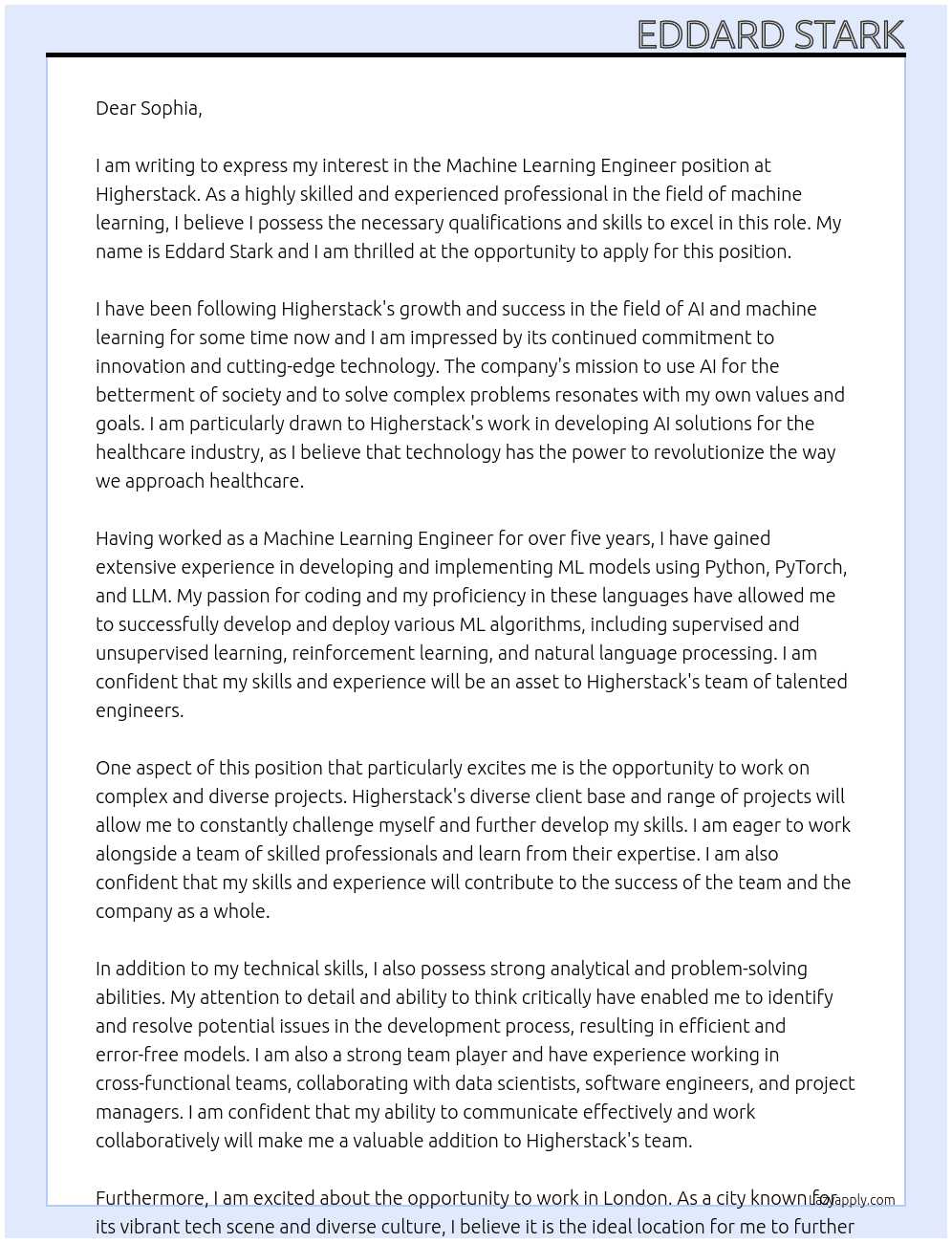 Machine learning engineer At Higherstack Cover Letter