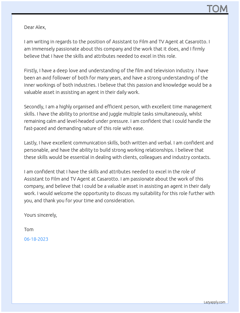Assistant to Film and TV Agent At Casarotto  Cover Letter