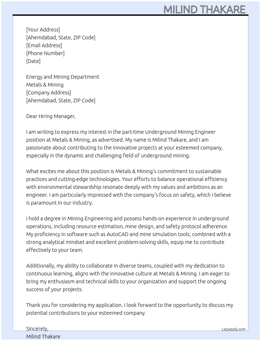 Underground Mining Engineer  At Metals & Mining Cover Letter