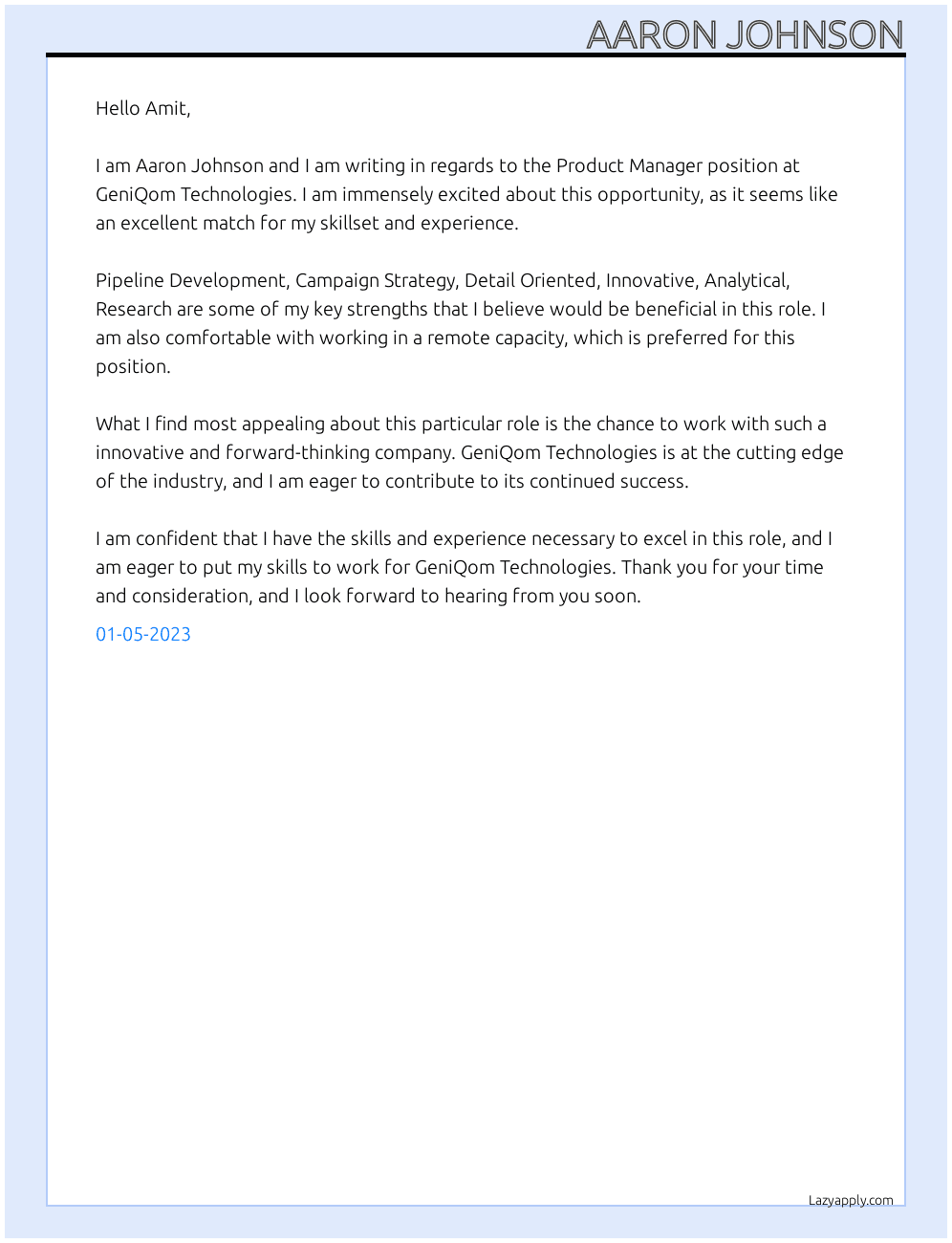 Product Manager At GeniQom Technologies Cover Letter