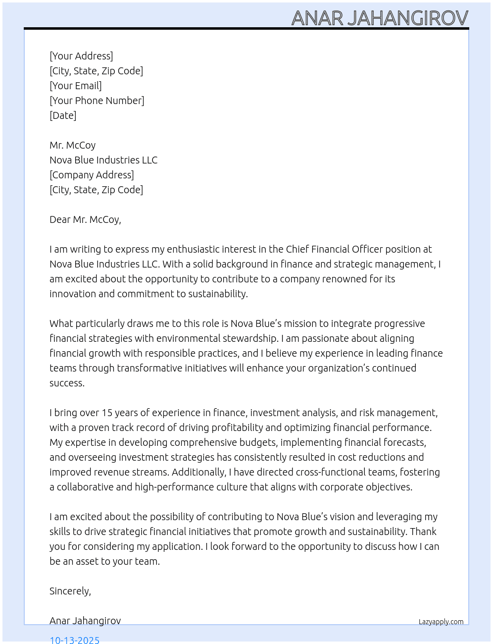 CFO At Nova Blue Industries LLC Cover Letter