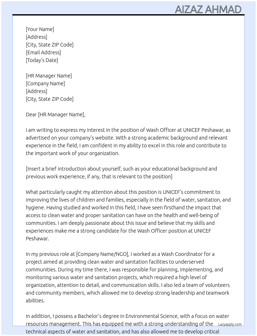 Wash officer  At UNICEF Peshawar  Cover Letter