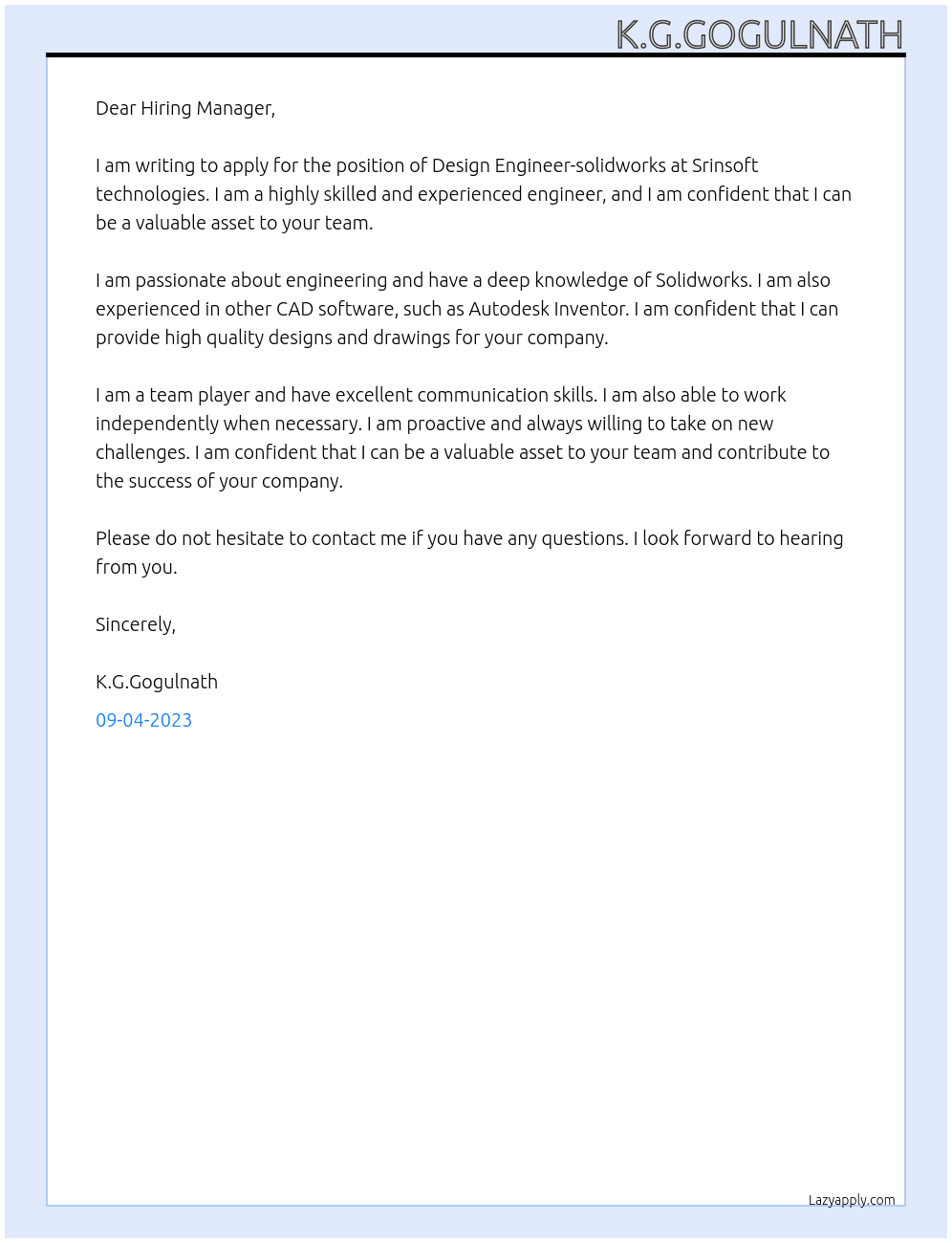 Design Engineer-solidwroks At Srinsoft technologies Cover Letter
