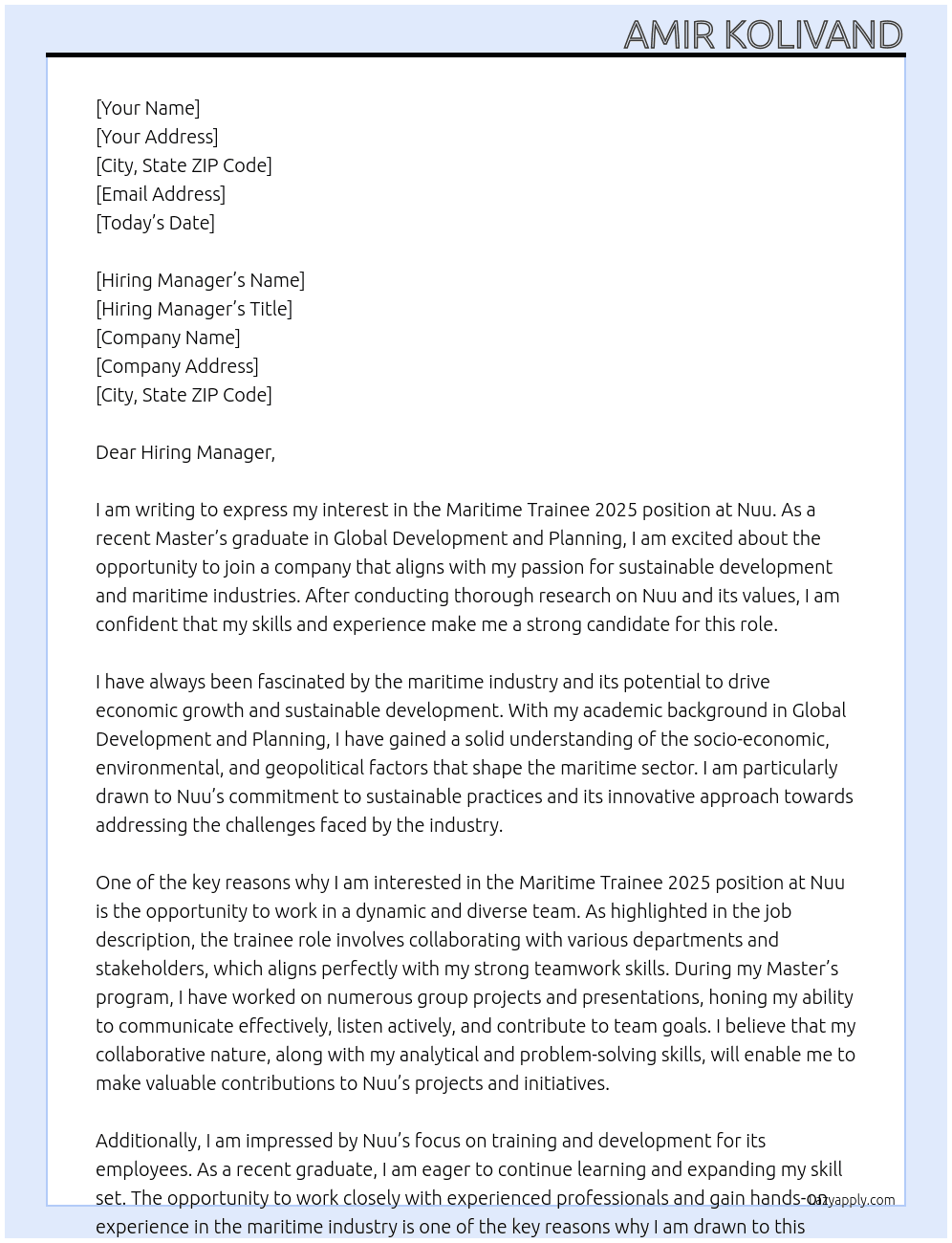 Maritime Trainee 2025 At Nuu Cover Letter
