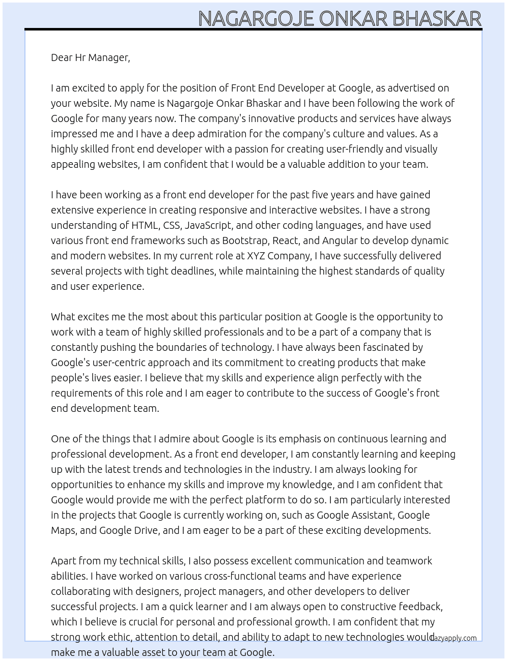 Front end developer At Google Cover Letter