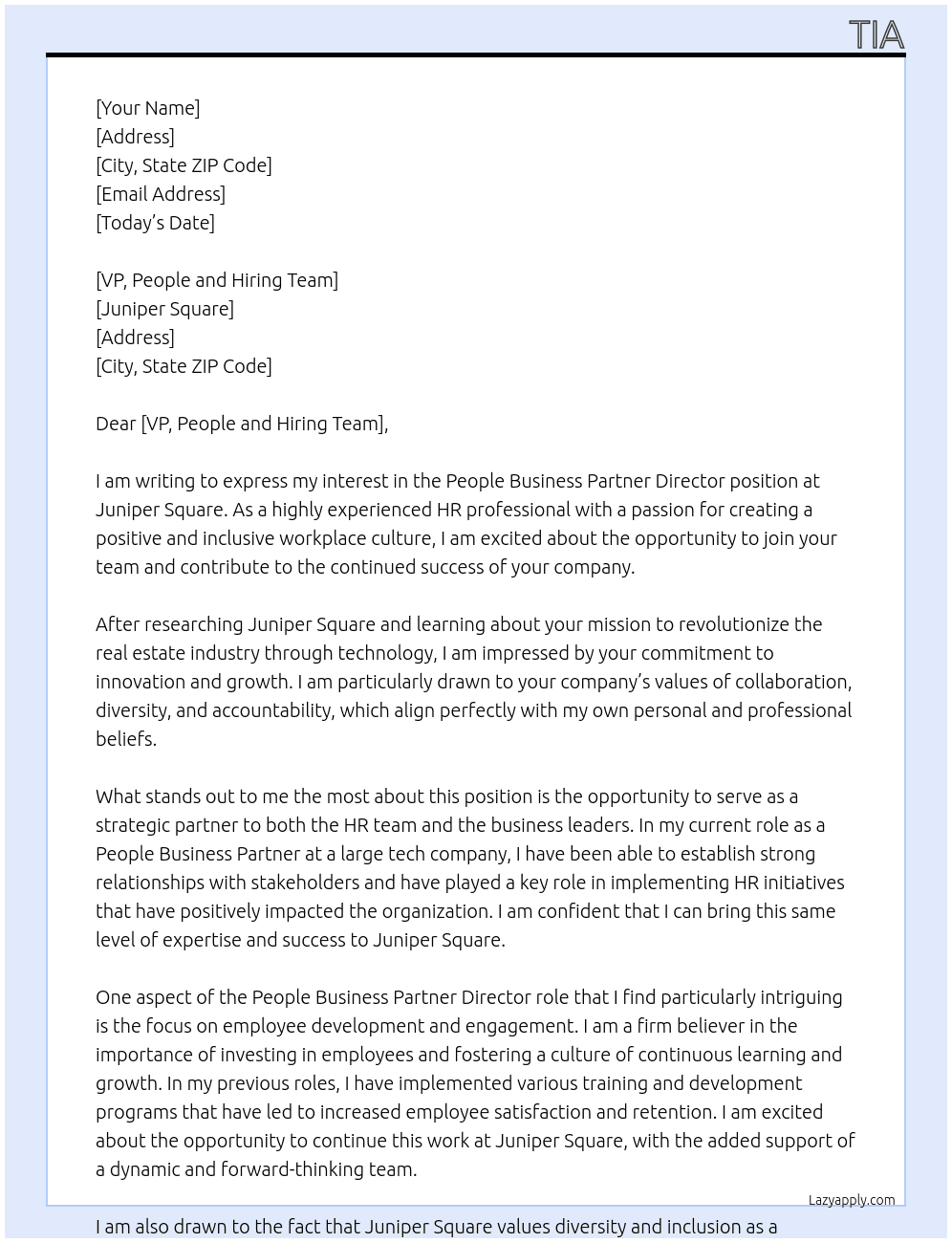 People Business Partner Director At Juniper Square Cover Letter