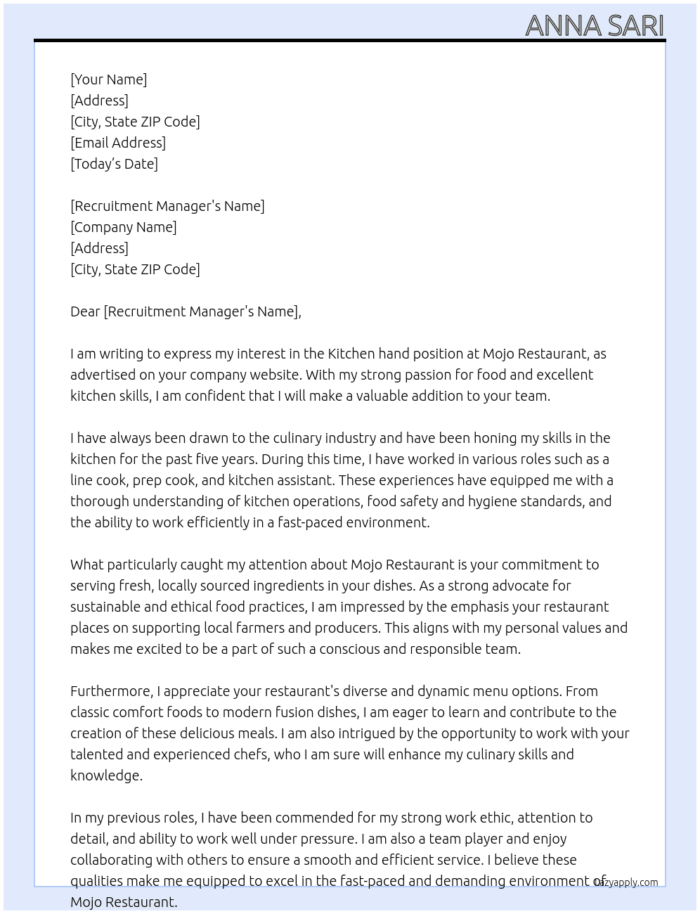 Kitchen hand At Mojo Restaurant  Cover Letter