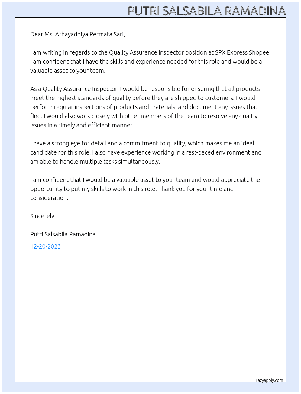 Quality Assurance Inspector At SPX Expreess Shopee Cover Letter