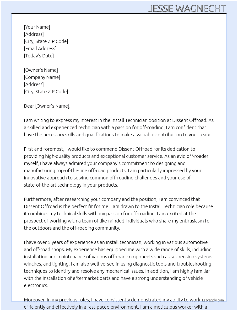 install technician At Dissent Offroad Cover Letter