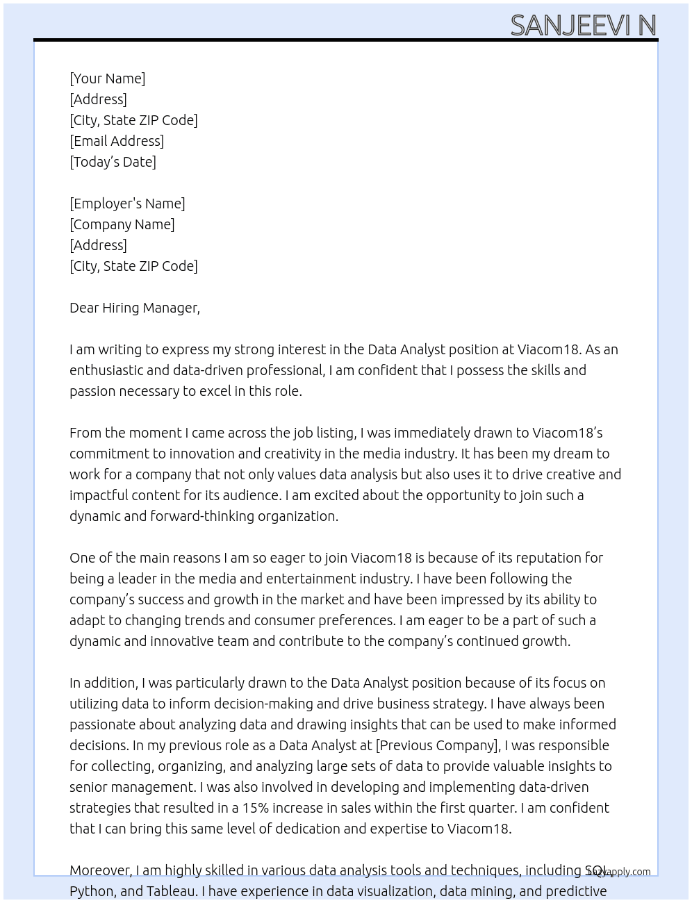 Data analyst At Viacom18 Cover Letter