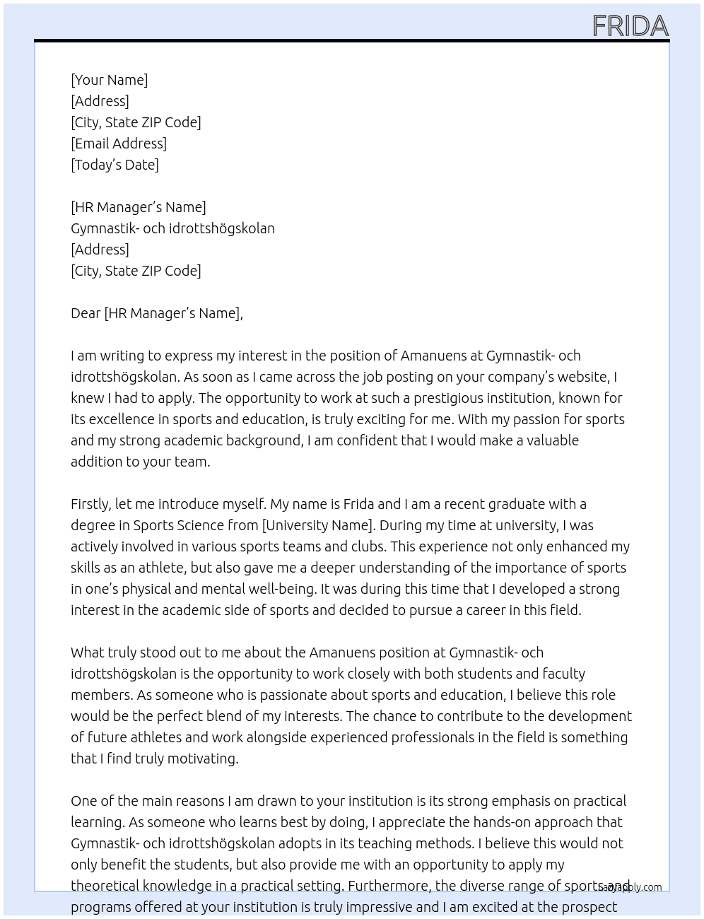 Amanuens At Gymnastik- och idrottshögskolan Cover Letter