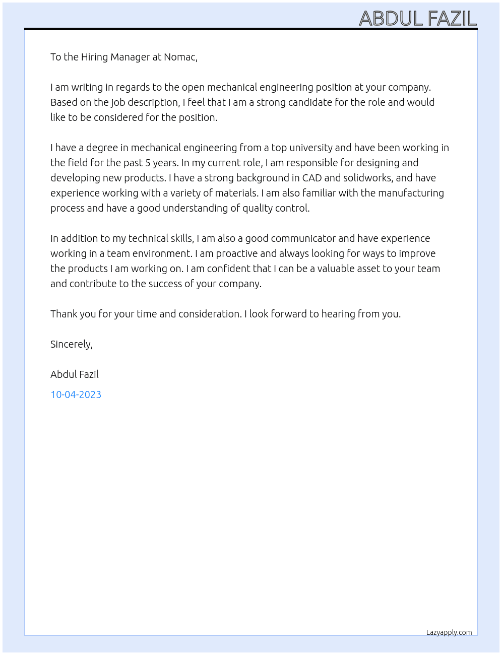mechanical engineering At Nomac Cover Letter