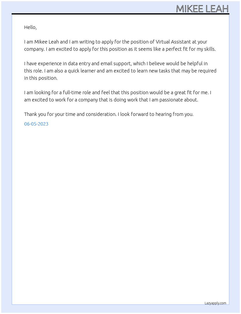 I'm applying as a virtual assistance  At i'm applying for va Cover Letter