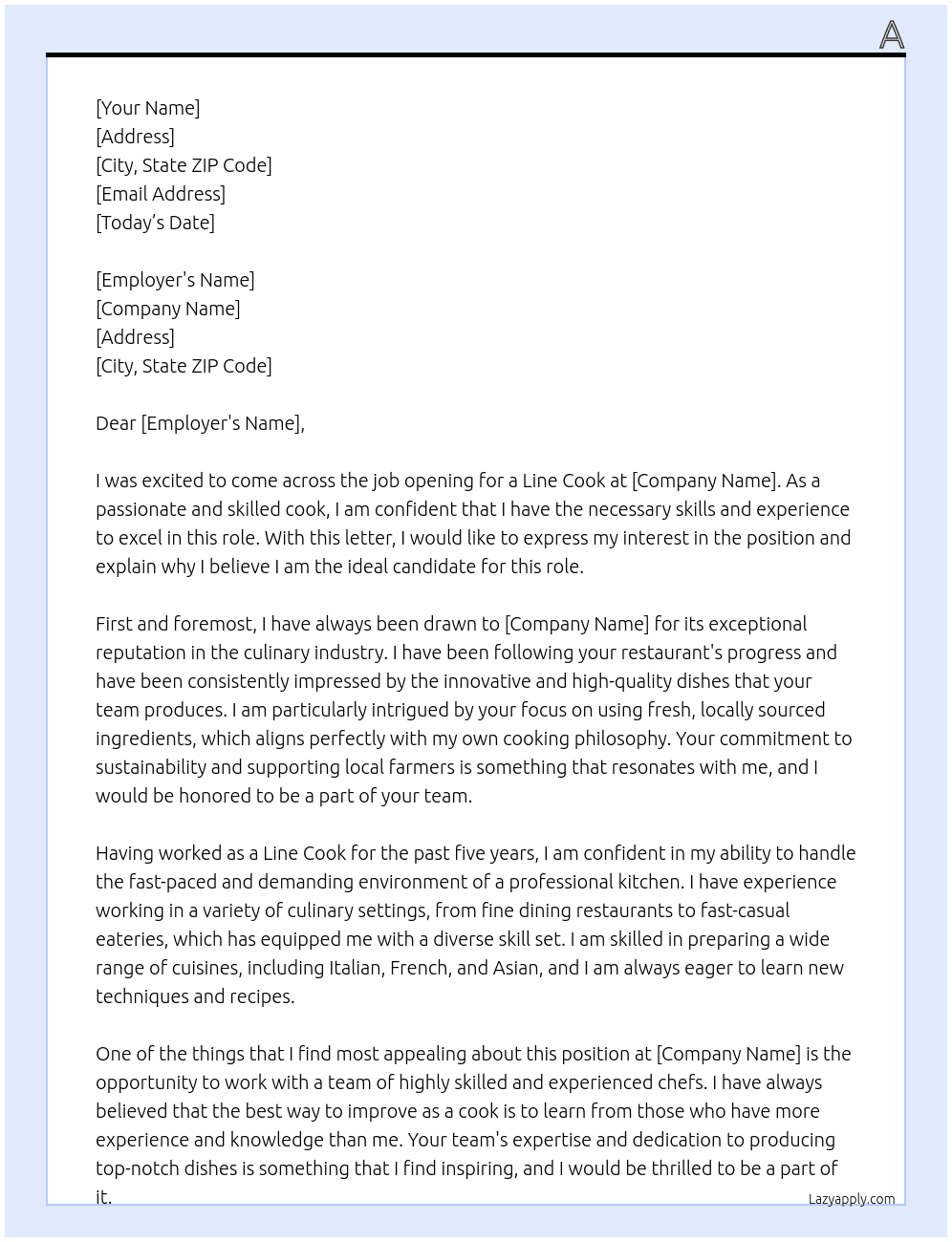Line Cook At b Cover Letter