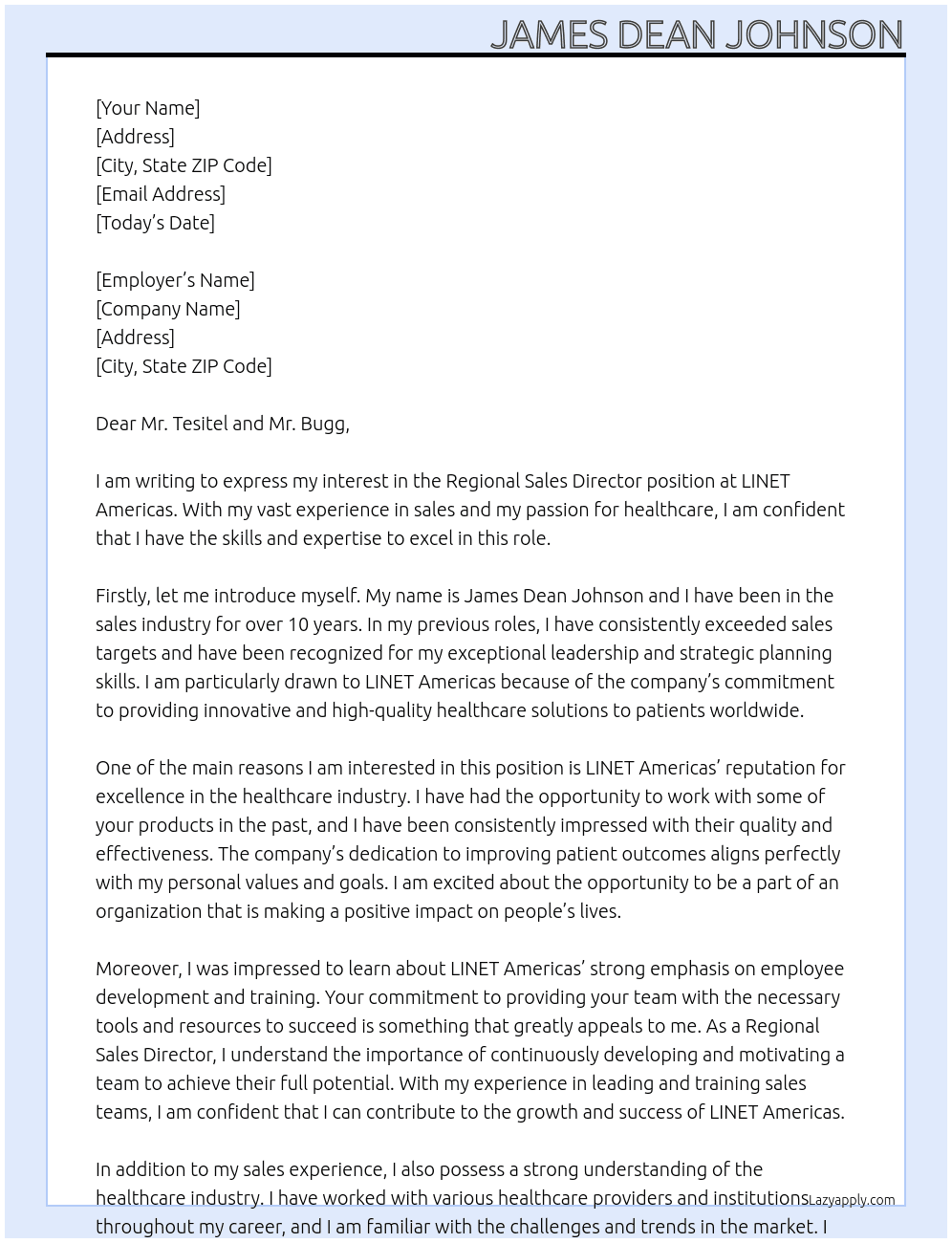 Regional Sales Director At LINET Americas Cover Letter