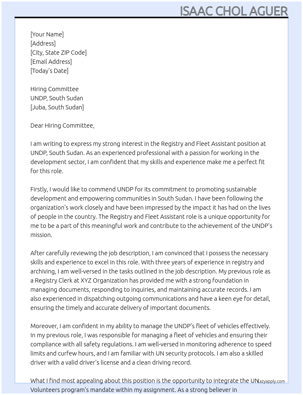 Registry and Fleet Assistant  At UNDP, South Sudan Cover Letter