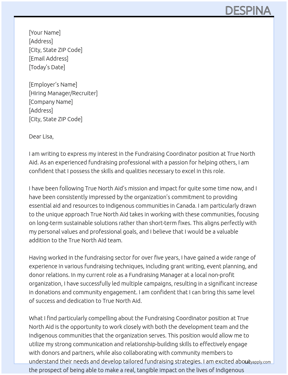 Fundraising Coordinator At True North Aid Cover Letter