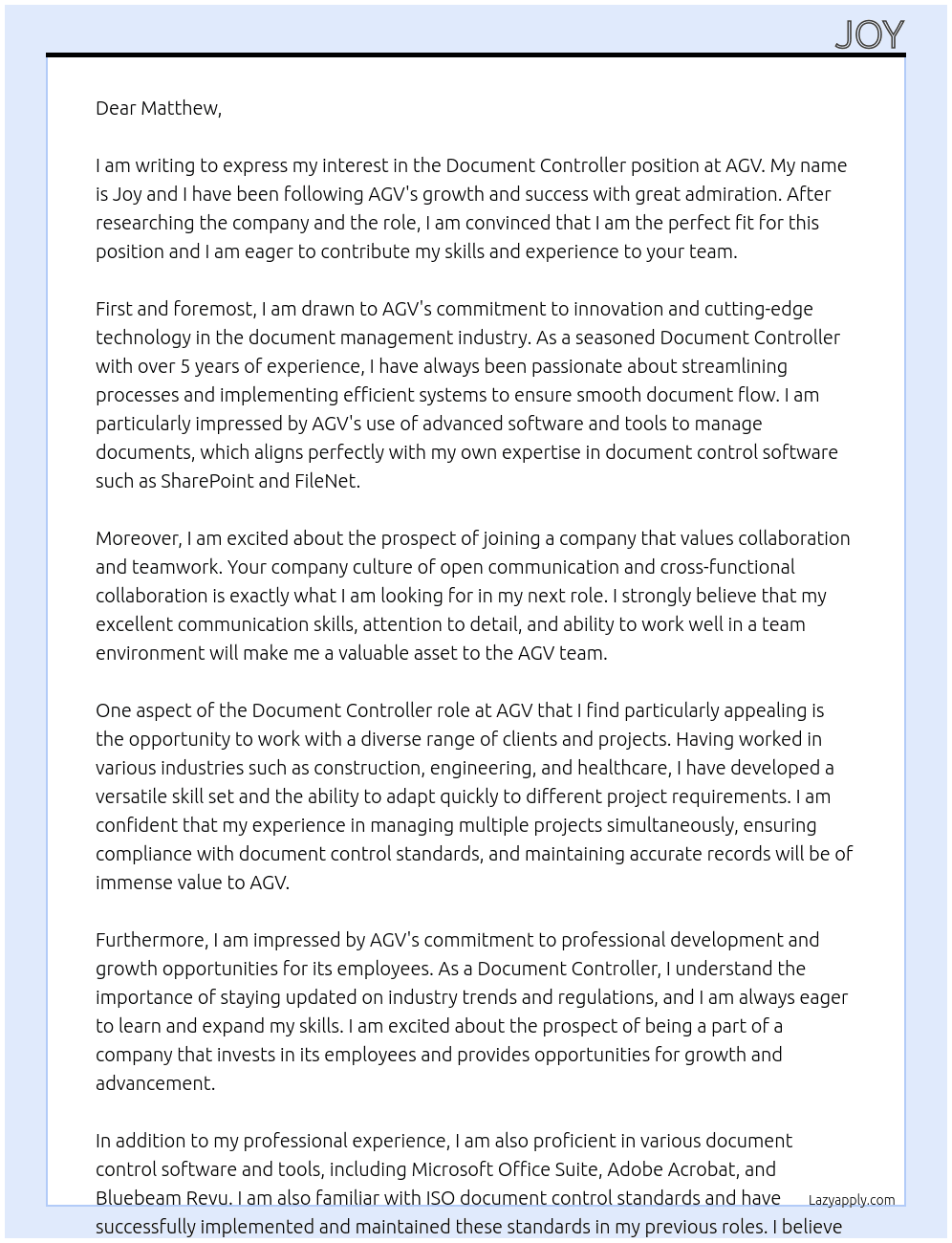 document controller At agv Cover Letter