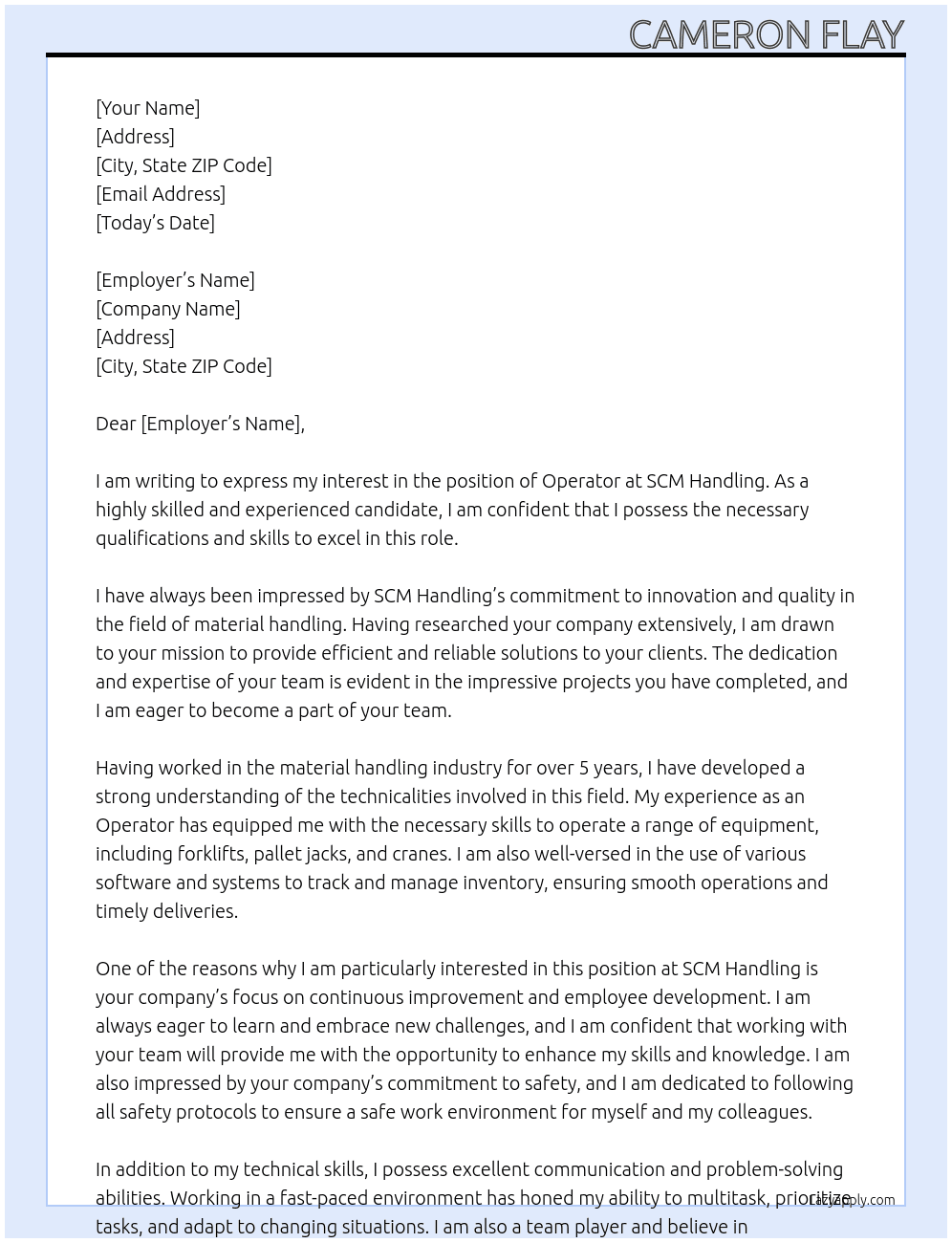 Operator  At SCM Handling  Cover Letter