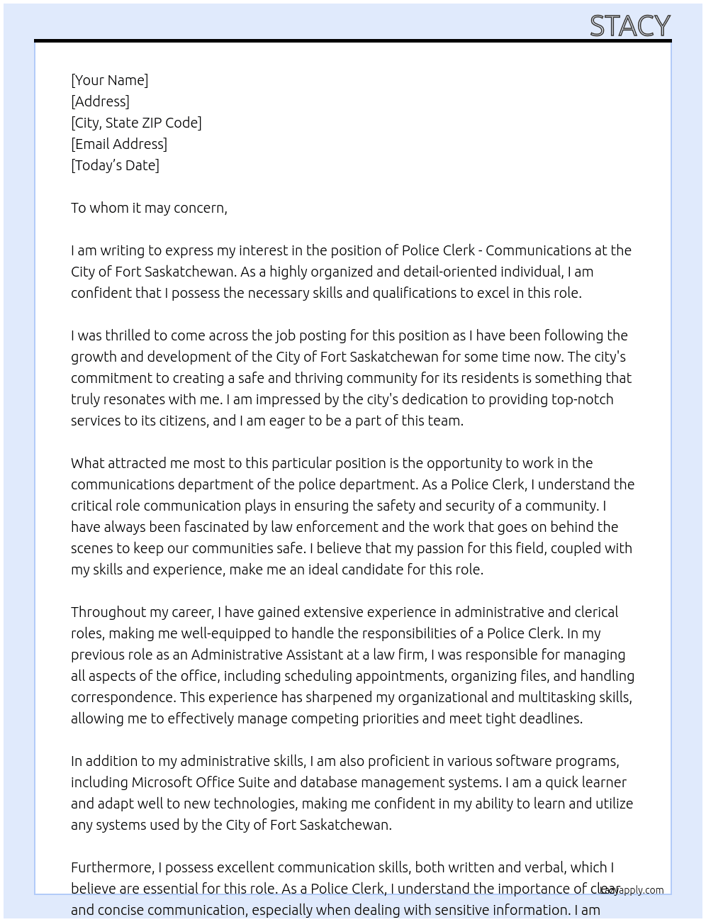  Police Clerk - Communications At city of fort saskatchewan Cover Letter