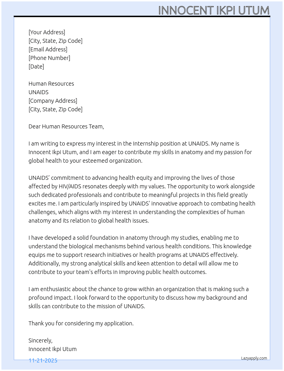 Internship  At UNAIDS Cover Letter