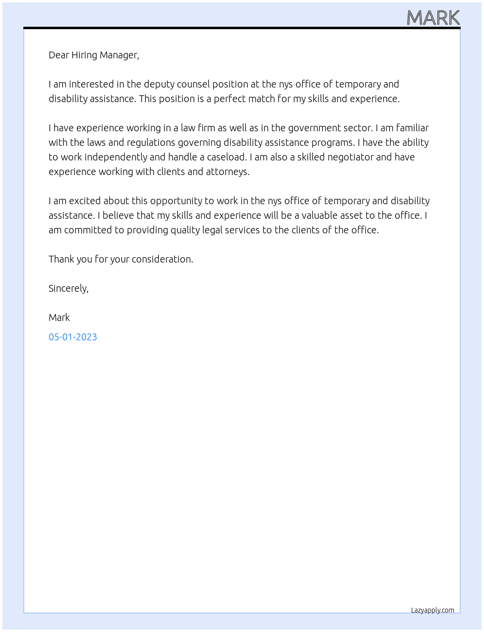 deputy counsel At nys office of temporary and disability assistance Cover Letter