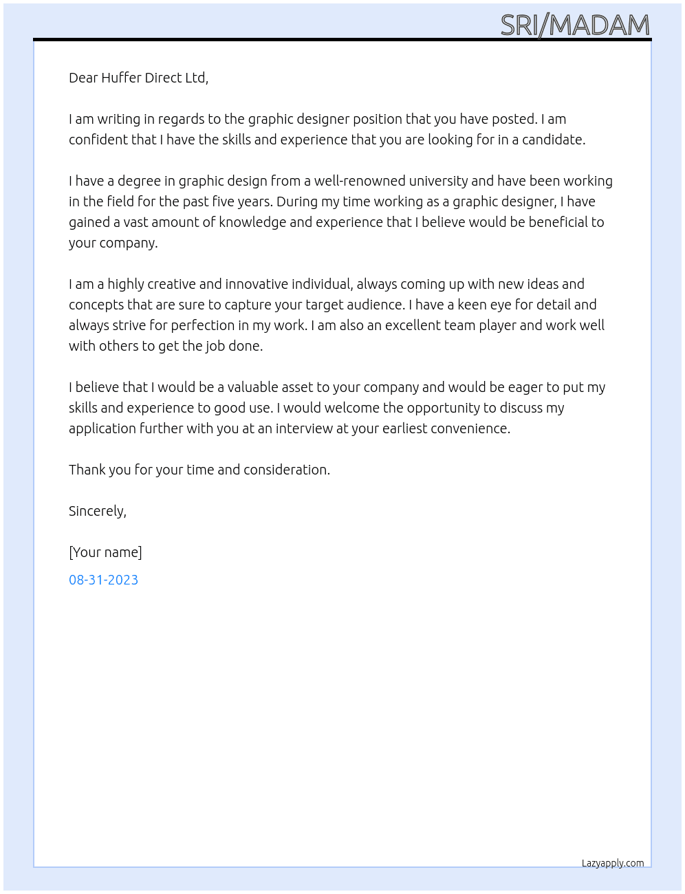 Graphic Designer At Huffer Direct Ltd Cover Letter