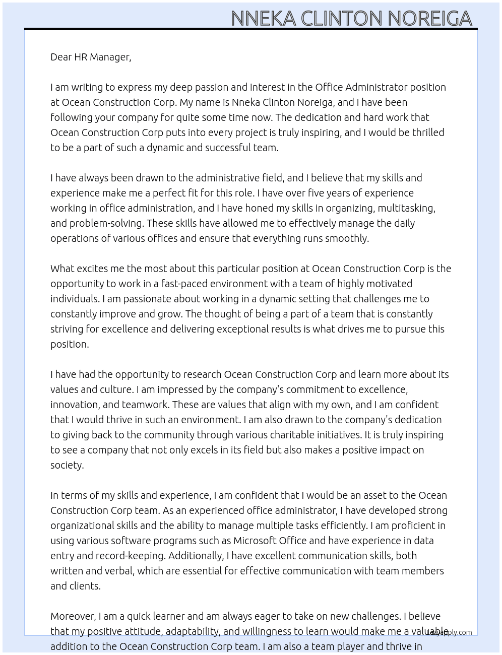 Office administrator  At Ocean Construction Corp Cover Letter