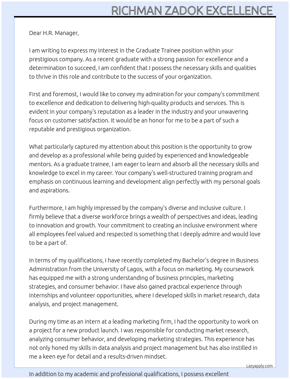 Graduate trainee  At your prestigious company  Cover Letter