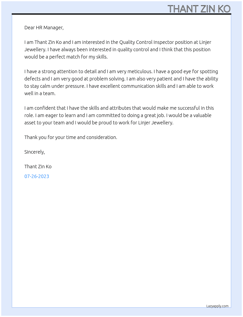 Quality control Inspector At Linjer Jewellery Cover Letter