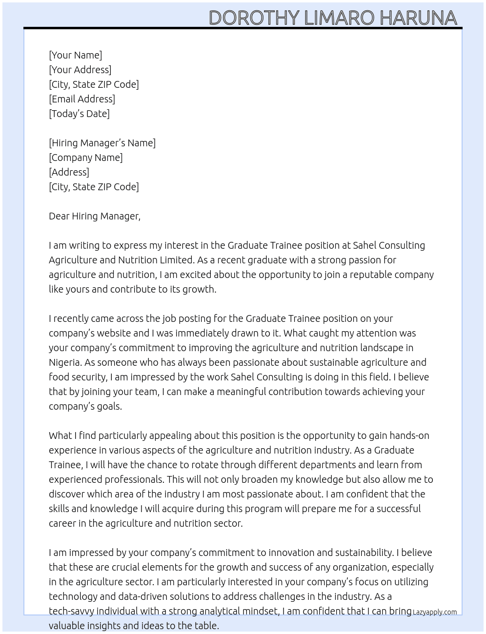 Graduate Trainee At Sahel Consulting Agriculture and Nutrition Limited  Cover Letter