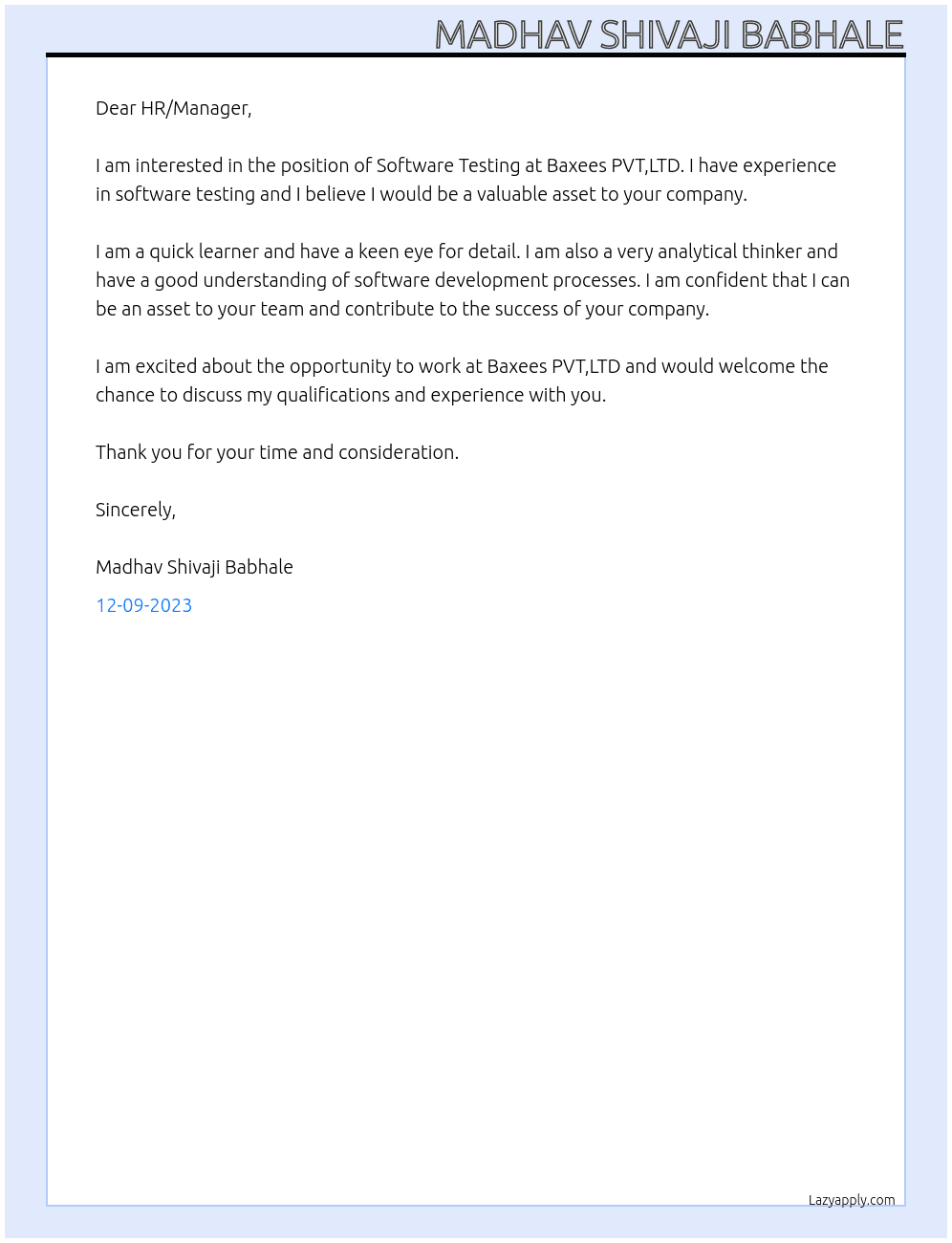 Software Testing At Baxees PVT,LTD Cover Letter