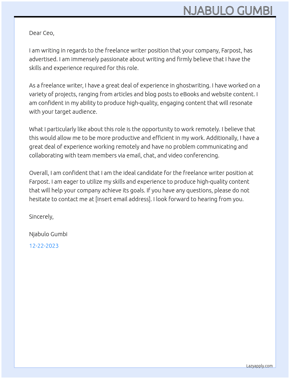 Freelance writer  At Farpost Cover Letter