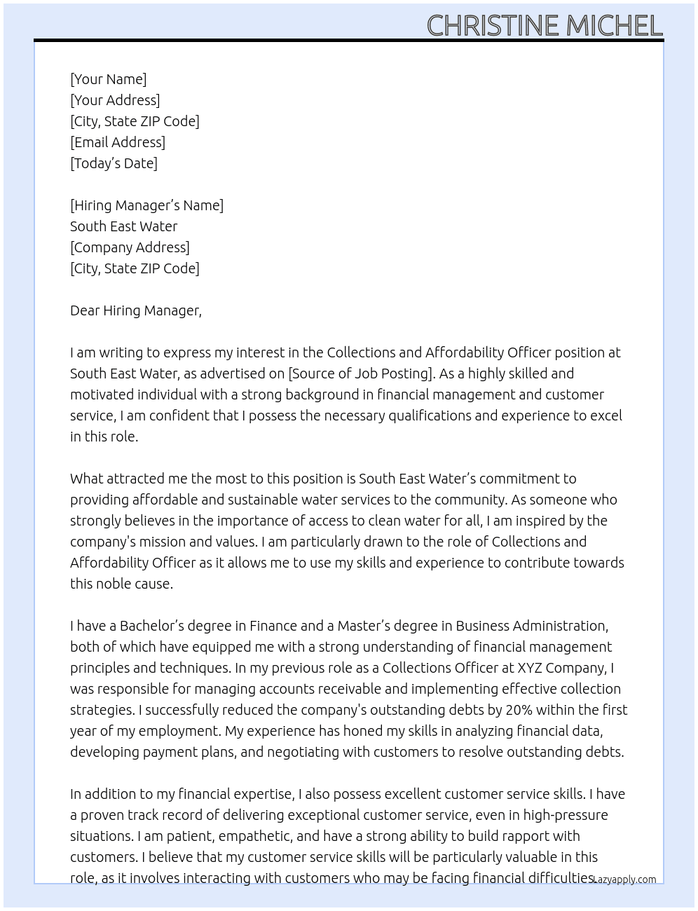 Collections and Affordability Officer At South East Water Cover Letter