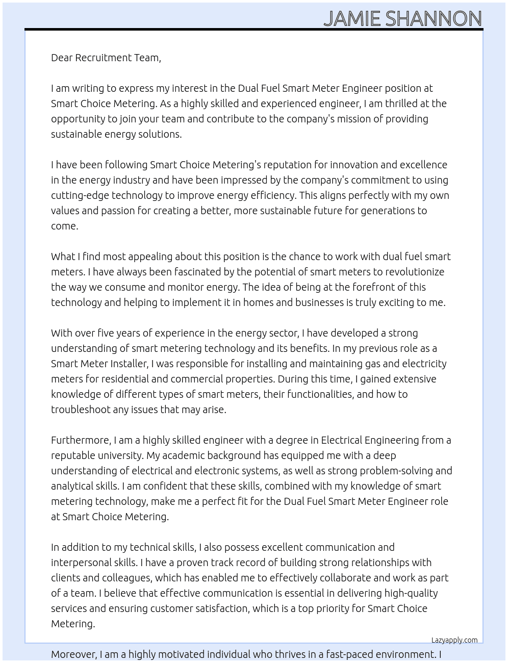Dual Fuel Smart Meter Engineer At Smart Choice Metering Cover Letter