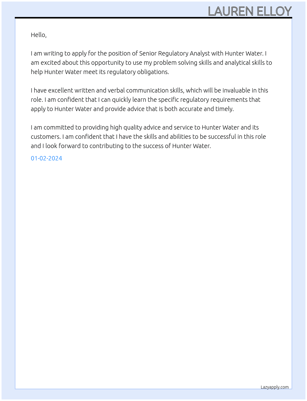 Senior Regulatory Analyst At Hunter Water Cover Letter