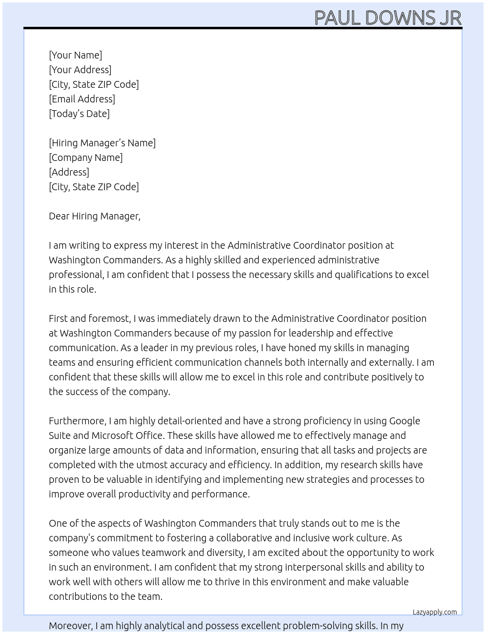 Administrative Coordinator At Washington Commaders Cover Letter