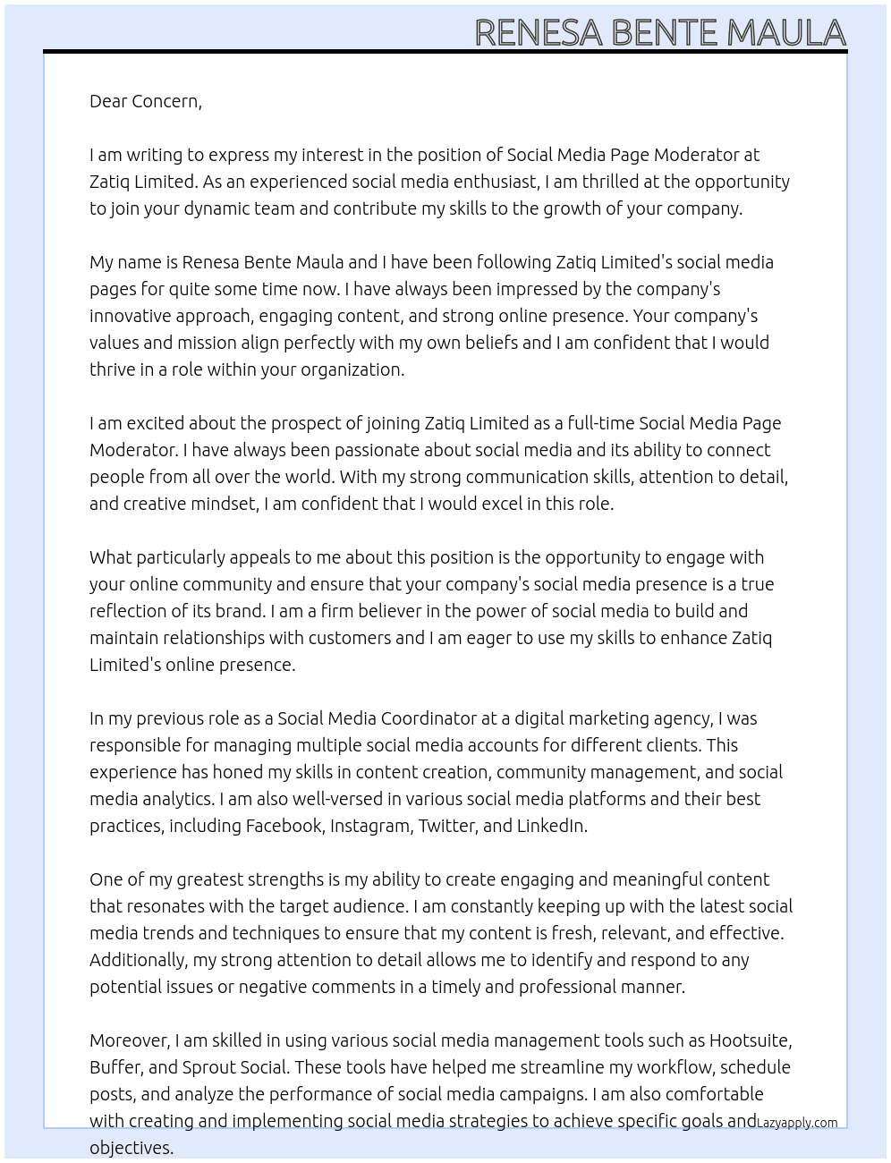 Social Media Page Moderator At Zatiq Limited Cover Letter