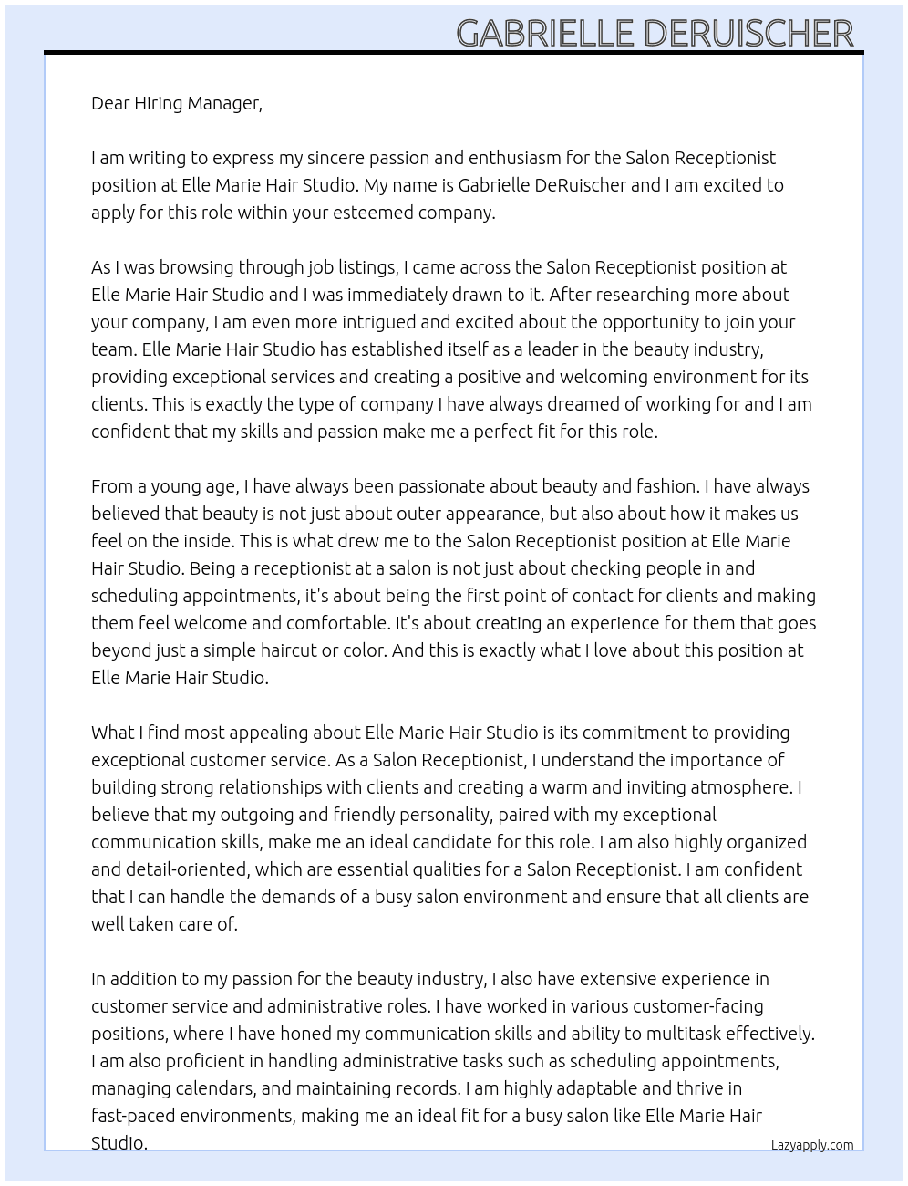 Salon Receptionist At Elle Marie Hair Studio Cover Letter