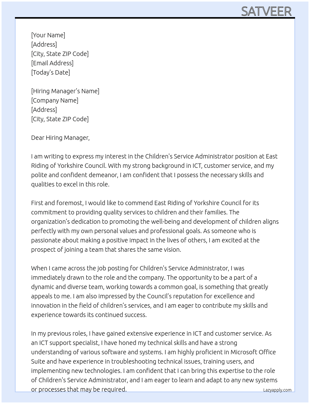 Childrens service administrator  At East Riding of Yorkshire council Cover Letter