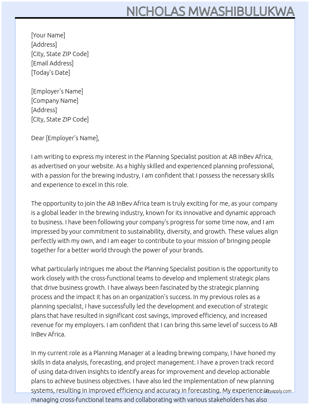 Planning Specialist At AB InBev Africa Cover Letter