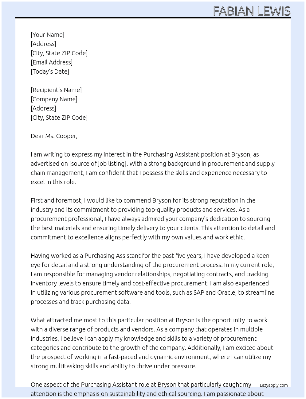Purchasing Assistant At Bryson Cover Letter