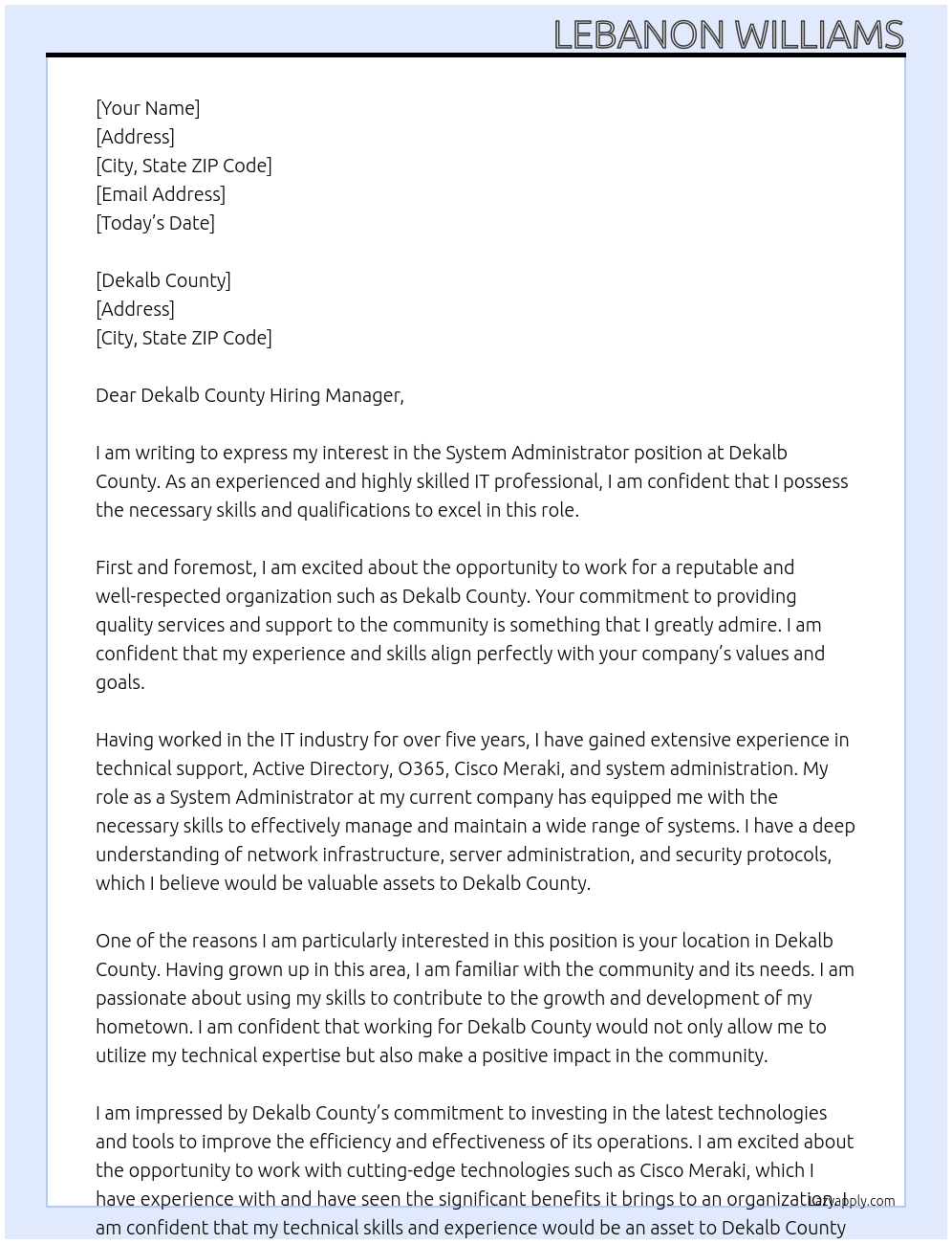 System Administrator At Dekalb County Cover Letter